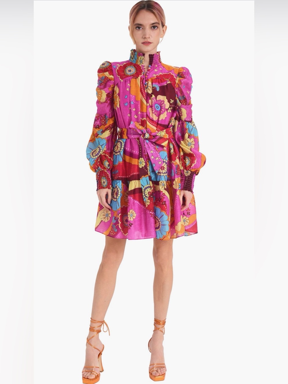 Fuchsia Floral Patchwork Long-Sleeve Tiered Dress - Picture 5 of 12